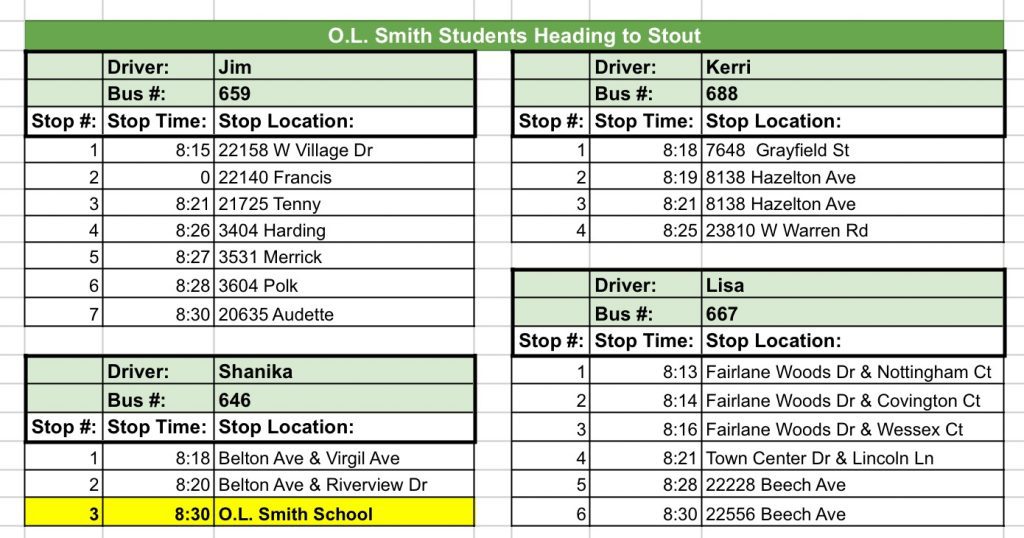 Bus Schedule Summer Program at Stout.