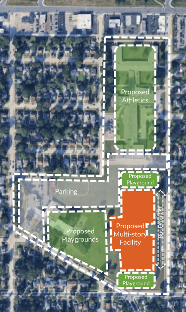 An illustration showing where the new Nowlin-Smith School would be constructed on the current campus.