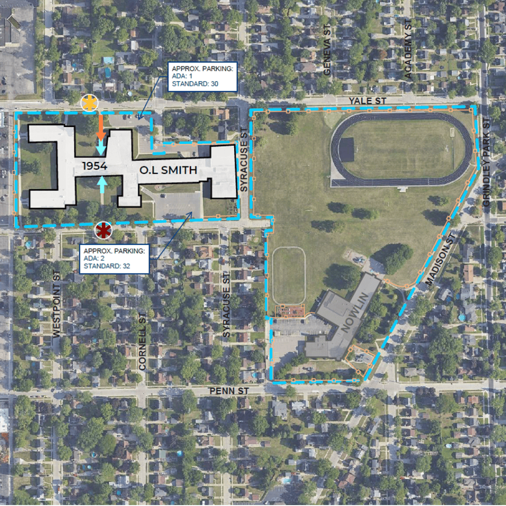 An illustration showing Smith Middle School was constructed in 1954.
