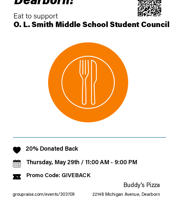 Student Council Fundraiser – Buddy’s Pizza Dearborn – May 29th, 2025 ALL DAY