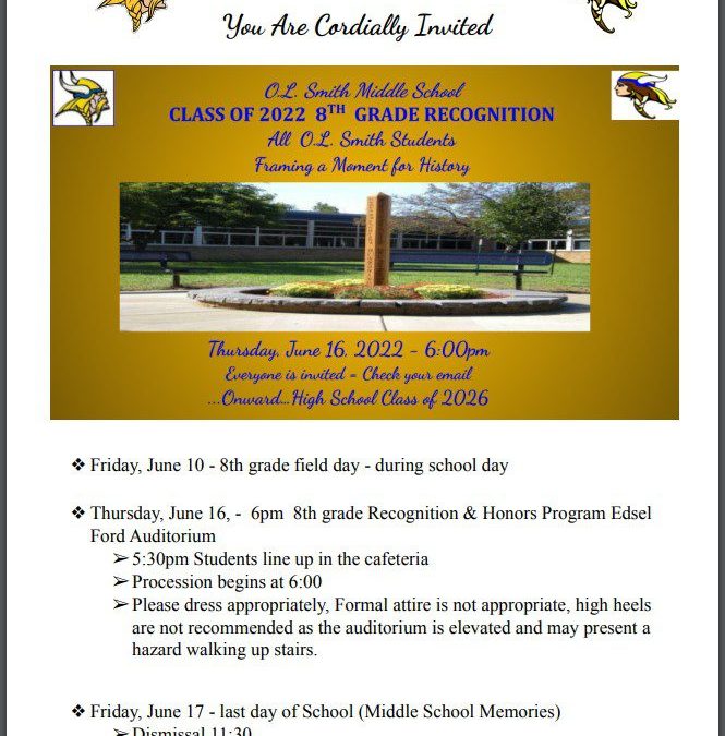 Information regarding the Smith 8th Grade Recognition and Honors Program