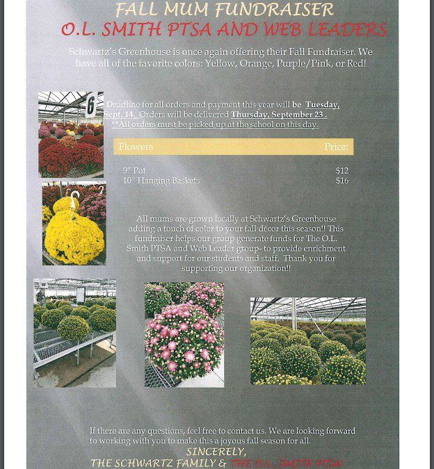 Order for the Fall mums fundraiser to support O.L. Smith PTSA and WEB Leaders are due to the main office on 9/14/21.